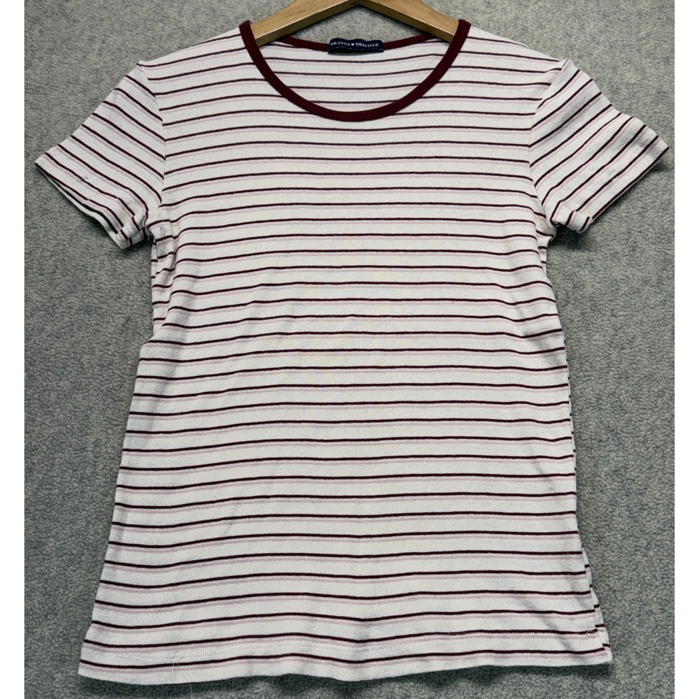 Brandy Melville Womens T-Shirt White Maroon Striped Short Sleeve Preppy‎ OS